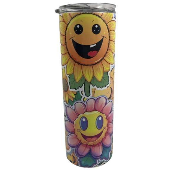 Skinny Tumbler 20oz Smiley Face Flowers Sunflowers Stainless-Steel Insulated - Picture 3 of 9